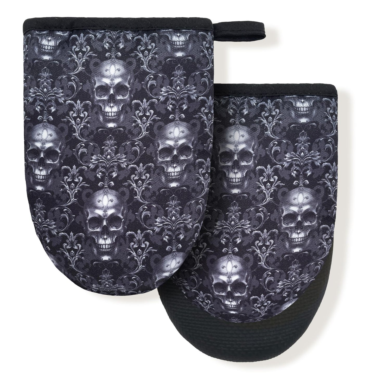 Black Gothic Skull Goth Skeleton Flower Mini Silicone Oven Mitts, Heat Slip Resistant Kitchen Gloves 2-Pack Set, Soft Short Small Oven Mittens Pot Holders for Baking Grilling Barbecue Microwave Gift