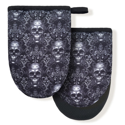 Black Gothic Skull Goth Skeleton Flower Mini Silicone Oven Mitts, Heat Slip Resistant Kitchen Gloves 2-Pack Set, Soft Short Small Oven Mittens Pot Holders for Baking Grilling Barbecue Microwave Gift
