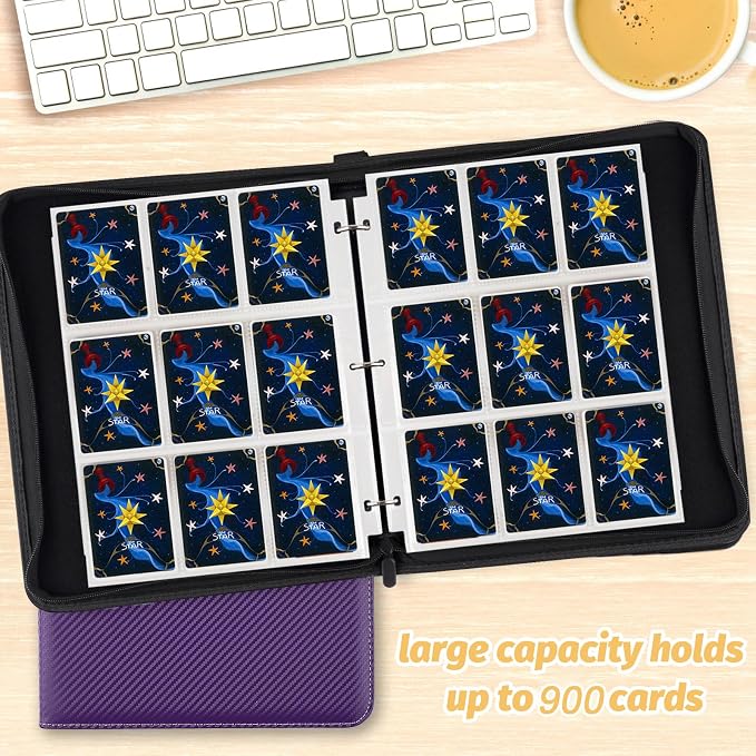 900 Pockets Round Ring Trading Card Binder, 9-Pocket Clear Zipper Card Album with Wrist Strap, Holds 900 Standard TCG & Sports Cards, Not Fit Top Loaders (Carbon Purple)