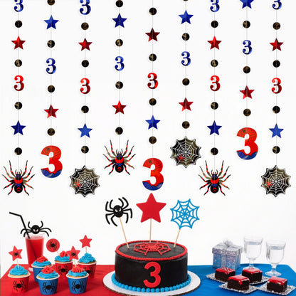 42Ft Spider 3rd Birthday Party Decorations Red Blue Stars and Black Spider Web Garland Streamer for Kids Boys 3rd Cartoon Spiders Birthday Super Heros Baby Shower Cartoon Bday Party Decor Supplies