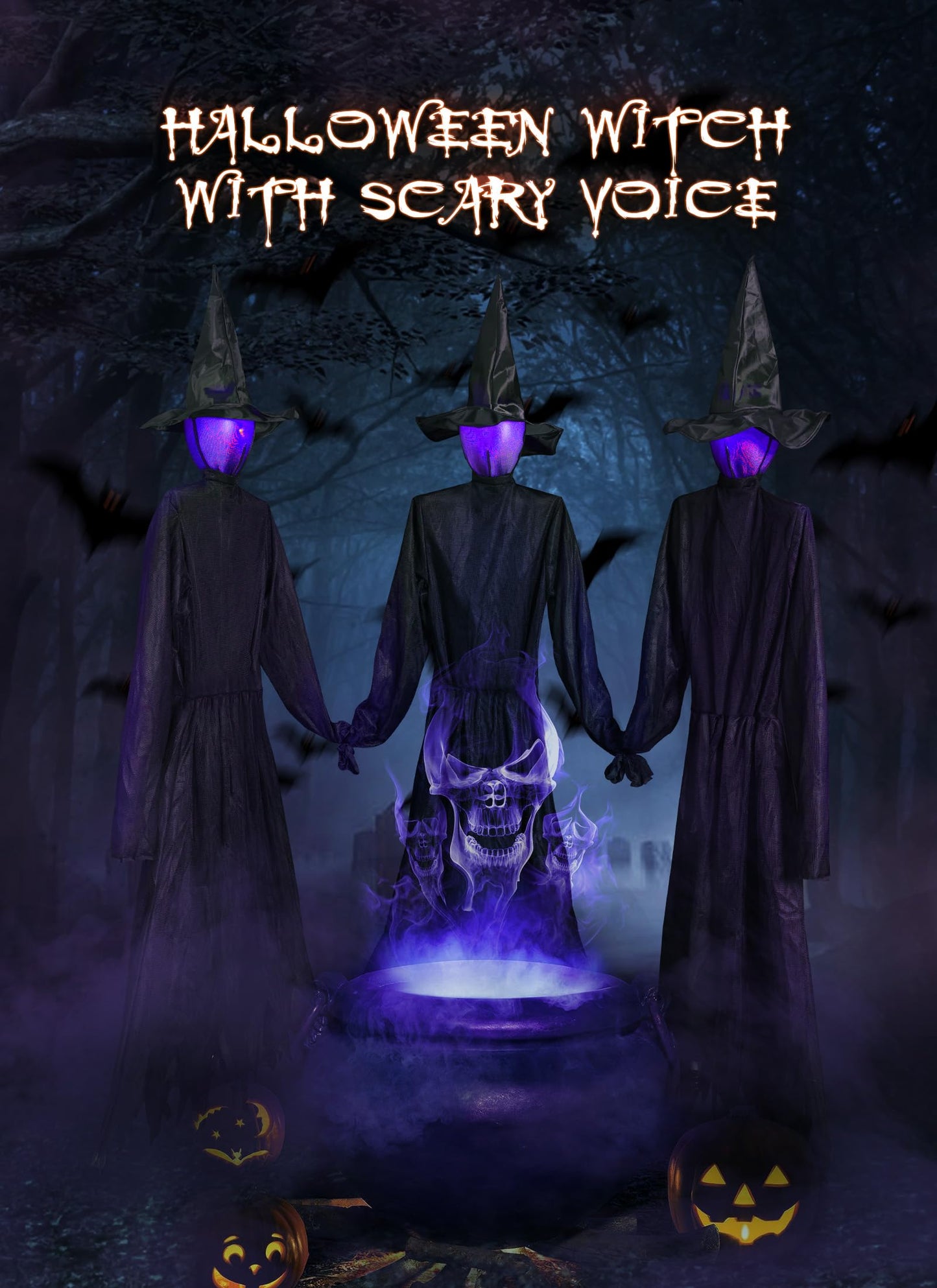 Halloween Decorations Outdoor 3PCS Light Up Witches Holding Hands Witches with Stakes, Scary Screaming Witches with Glowing Face, Creepy Halloween Party Props Decor for Yard Garden Outside Lawn Porch