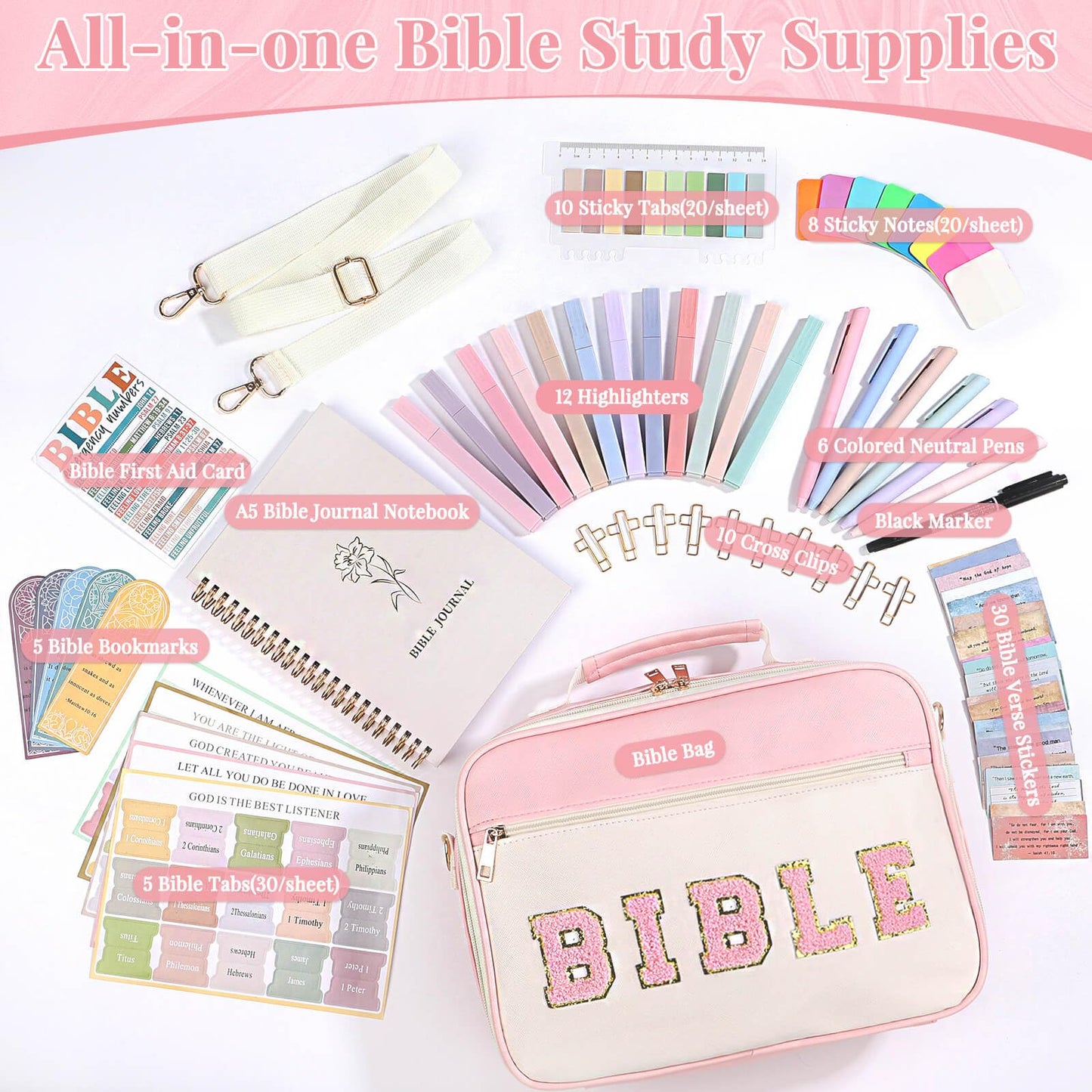 Flasoo All-in-One Bible Journaling Kit, Bible Study Supplies Include Bible Cover Case, Journal Notebook, Highlighters, Pens, Bible Verse Stickers, Tabs, Bookmarks for Christian Gift for Women