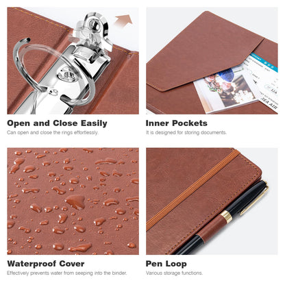 Ospelelf 3 Ring Binder with Clipboard, 1 Inch Leather, Brown, Letter Size (8.5" x 11"), 5 Tab Dividers