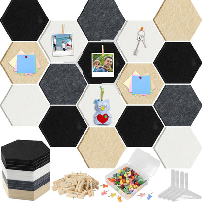 16Pcs Hexagon Felt Cork Board Tiles Self Adhesive Hexagon Wall Tiles with 60 Push Pins 20 Wooden Clips DIY Bulletin Board Pin Boards for School Office Home Photos Memos Display (Black Grey)