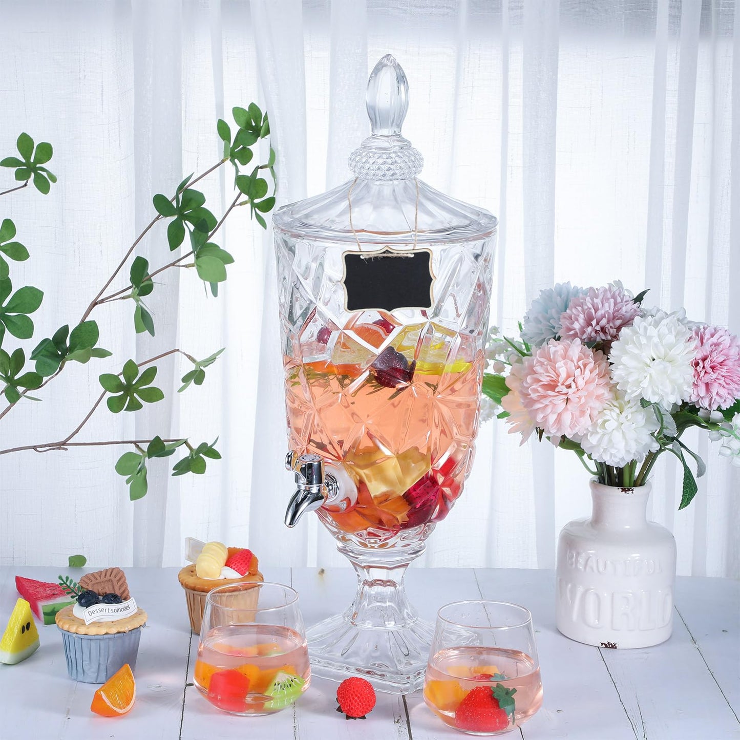 Zhehao 2 Pcs Drink Dispensers for Parties 0.8 Gallon Glass Beverage Dispenser Clear Vintage Crystal Beverage Dispenser with Spigot and 2 Wooden Chalkboard Wide Mouth Beverage Server for Bar Home