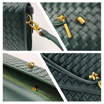 Qiannaura Formal Clutch Purses for Women Evening Woven Leather Large Clutch for Weddings & Parties | Convertible Shoulder Bag, Dark Green
