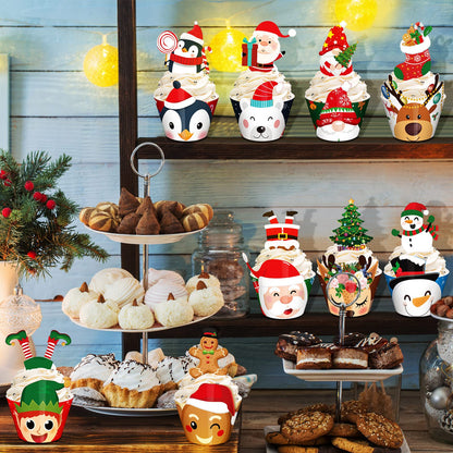 Perthlin 108 Pieces Christmas Cupcake Toppers Wrappers Snowman Santa Claus Reindeer Elf Penguin Gingerbread Christmas Tree Cake Decorations Cupcake Picks Liners for Xmas Holiday Party Supplies Favors