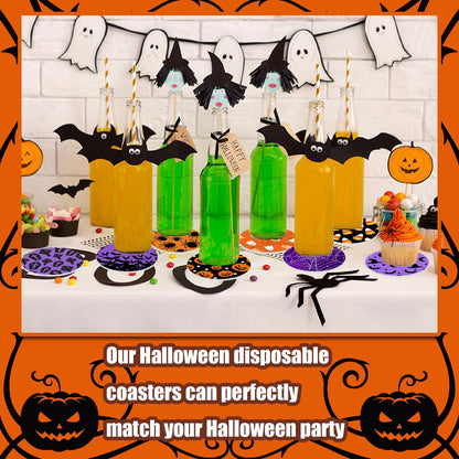 Denylo pro 120Pcs Halloween Disposable Paper Coasters 4 Inch Halloween Bat Spider Pumpkin Ghost Drink Paper Coaster for Halloween Home Kitchen Office Housewarming Party Table Decoration Supplies