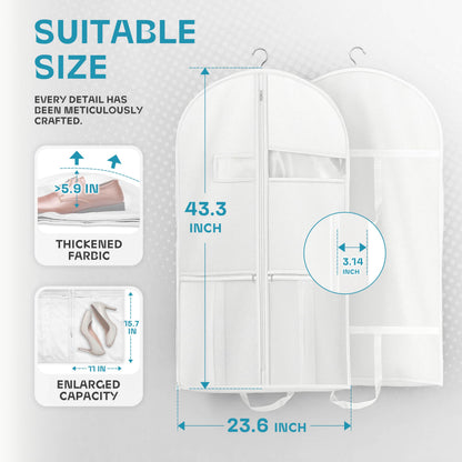 43" Travel Garment Bag with Accessories Zipper Pocket, Heavy Duty Suit Bag for Suits, Tuxedos, Dresses, Coats, White, 1 pack