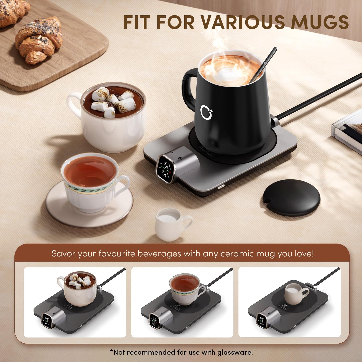 Coffee Mug Warmer Set, Temperature Control Smart Heated Mug for Desk, Electric Coffee Warmer with Auto Shut Off & Real-Time Temp Display, Gifts for Men Women, 15oz, Beige