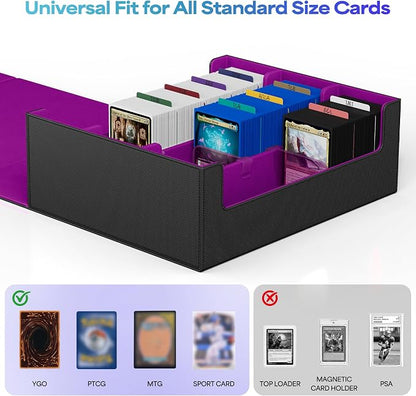UAONO Trading Card Storage Box, Holds 1800 Sleeved Cards with 10 Dividers & 3 Stoppers, Magnetic Closure PU Leather Card Case for MTG, PTCG, YGO, Sports Cards (Black&Purple)
