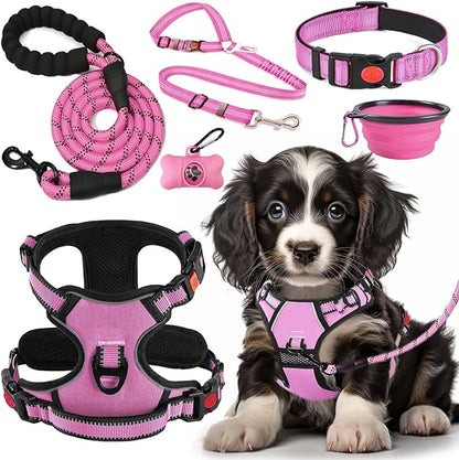 LOBEVE No Pull Dog Harness, Collar & Leash Set | Includes Dog Seat Belt, Collapsible Bowls & Poop Bag Dispenser. Ideal for Training, Walking, Hiking. Fits Small to Large Dogs(Pink-M)