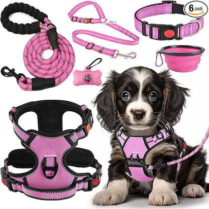 LOBEVE No Pull Dog Harness, Collar & Leash Set | Includes Dog Seat Belt, Collapsible Bowls & Poop Bag Dispenser. Ideal for Training, Walking, Hiking. Fits Small to Large Dogs(Pink-S)