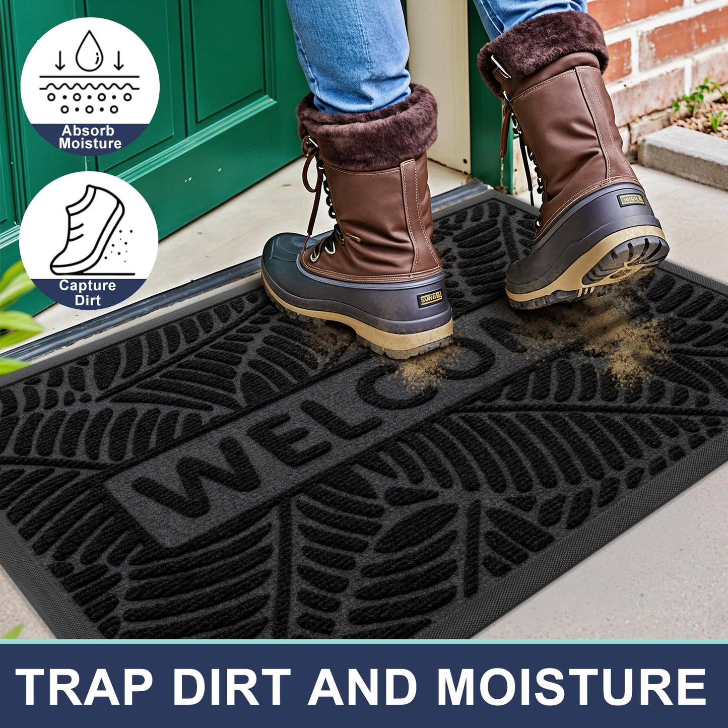 Smiry Welcome Mat Indoor Outdoor, All-Season Waterproof Front Door Mat, Sturdy Natural Rubber Doormat, Non-Slip, Easy Clean, Low Profile Dirt Trapper for Porch Patio Entrance, 29.5x17, Black