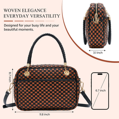 Woven Crossbody Bags for Women, Vegan Leather Two-Tone Satchel with Braided Top Handle, Structured Checkerboard Shoulder Purse with Adjustable Strap