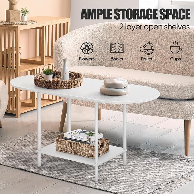 White Coffee Tables for Living Room,Mid Century Oval Center Table with Storage Shelf and Wood Tabletop,2-Tier Modern Narrow Cocktail Tea Table for Small Space,Small Apartment