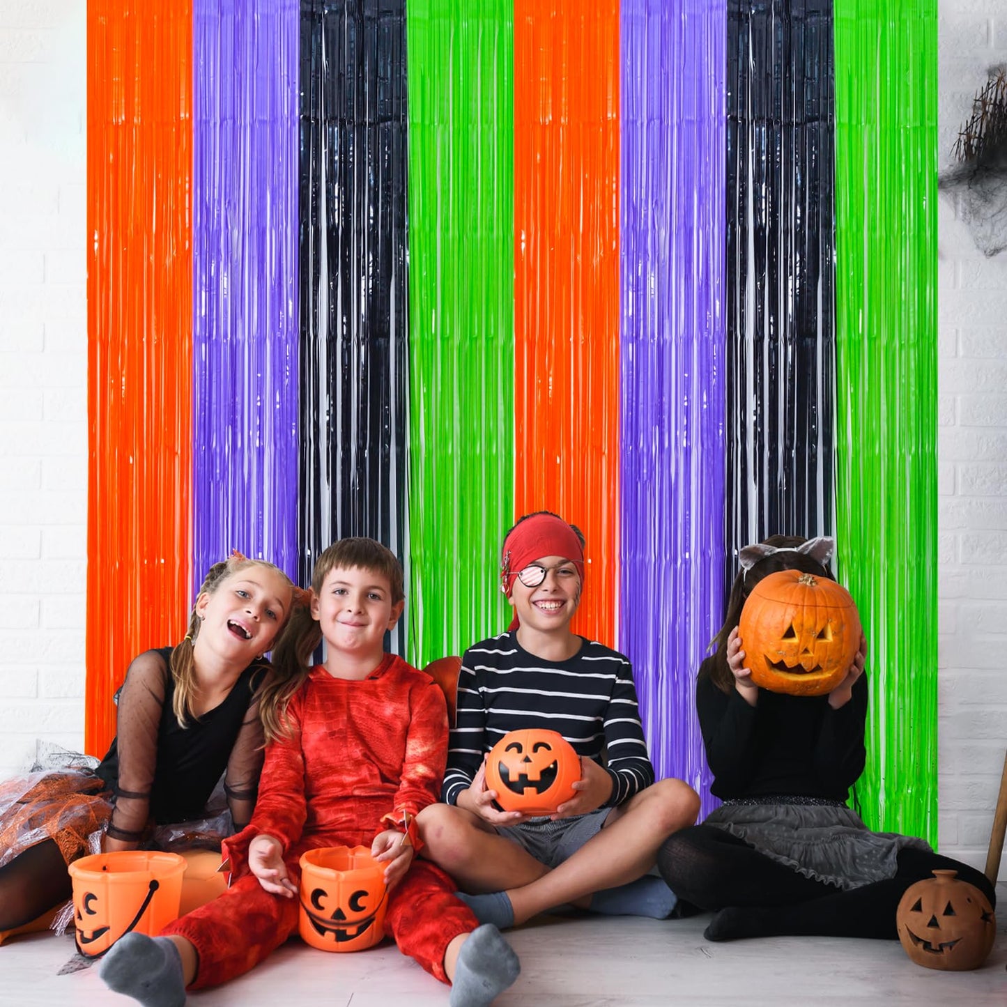 Mega-L Halloween Party Decorations, 2 Packs Orange Purple Black Green Photo Booth Props, 3.3 x 6.6 ft Halloween Foil Fringe Curtains with Bats, Photo Backdrop Streamers Halloween Party Supplies