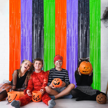 Mega-L Halloween Party Decorations, 2 Packs Orange Purple Black Green Photo Booth Props, 3.3 x 6.6 ft Halloween Foil Fringe Curtains with Bats, Photo Backdrop Streamers Halloween Party Supplies