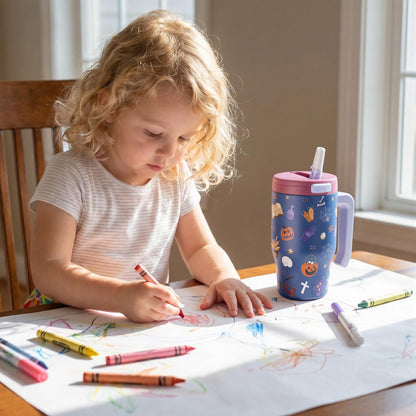 Fijinhom 18 oz Toddler Tumbler with Handle, Stainless Steel Insulated Water Bottle Coffee Mug with Straw, Toddler Cups, Kids Water Bottle for School, Sports, Travel, Ghostly Cuties