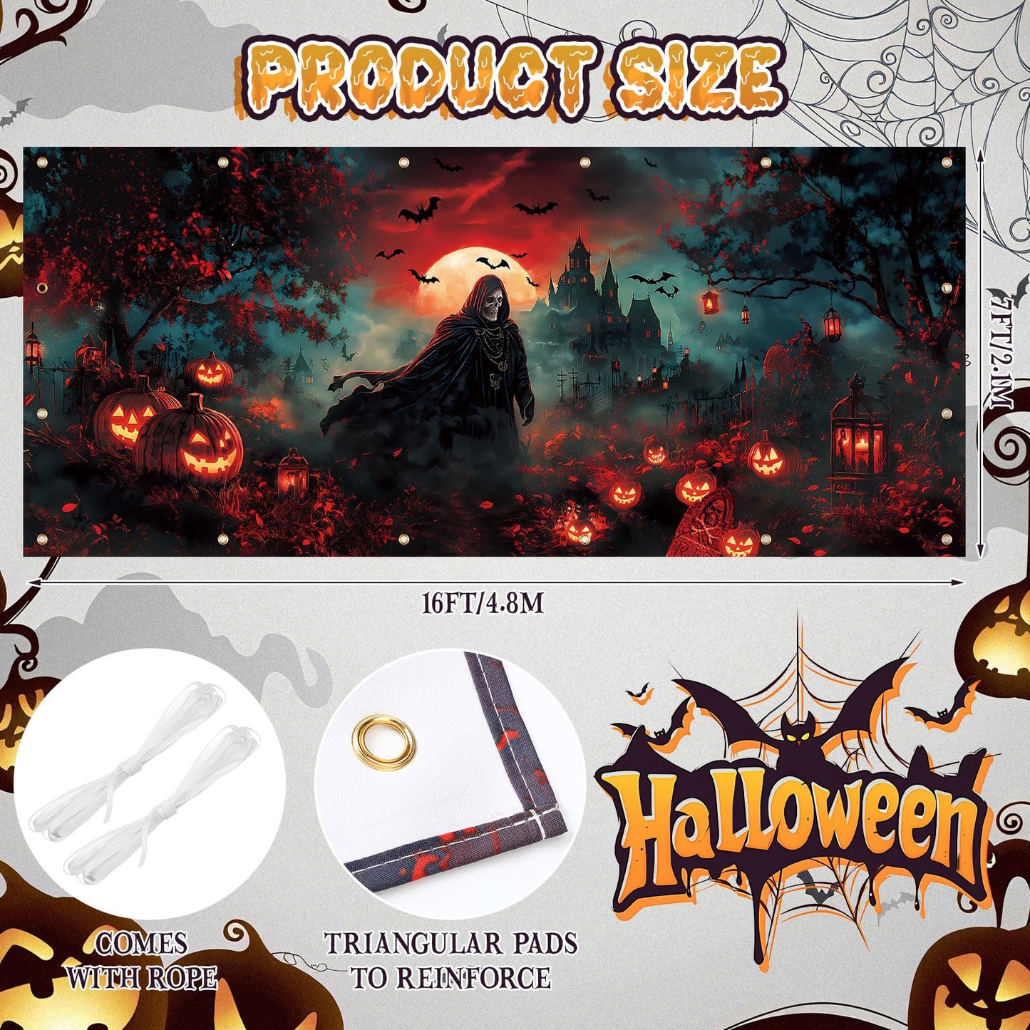 Remagr 7 x 16 ft Halloween Garage Door Banner Large Halloween Hanging Backdrop Door Cover Gloomy Skull Garage Wall Decoration Backdrop Mural for Party Wall Window Yard Outdoor Holiday (Spooky)