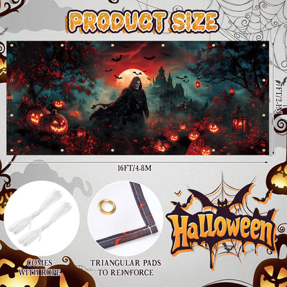 Remagr 7 x 16 ft Halloween Garage Door Banner Large Halloween Hanging Backdrop Door Cover Gloomy Skull Garage Wall Decoration Backdrop Mural for Party Wall Window Yard Outdoor Holiday (Spooky)