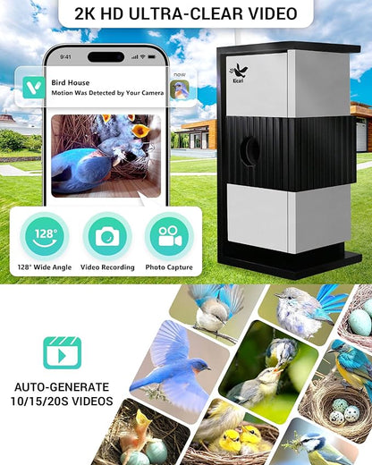 Bird House with Camera 2K HD, Solar & Battery Powered, Dual Night Vision, PIR Motion Sensor, Two-Way Audio, WiFi App Control, Weatherproof Wooden Smart Bluebird Nest Box for Outdoor Use, Gray
