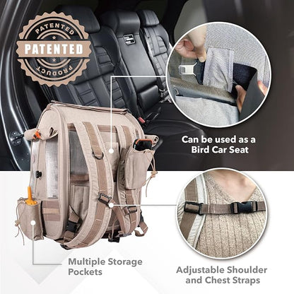 ibiyaya - BirdTricks TrackPack - Bird Backpack Carrier with Perch - Bird Carrier for Small Birds with Steel Feeding Bowl, and Breathable and Durable Material - Beige