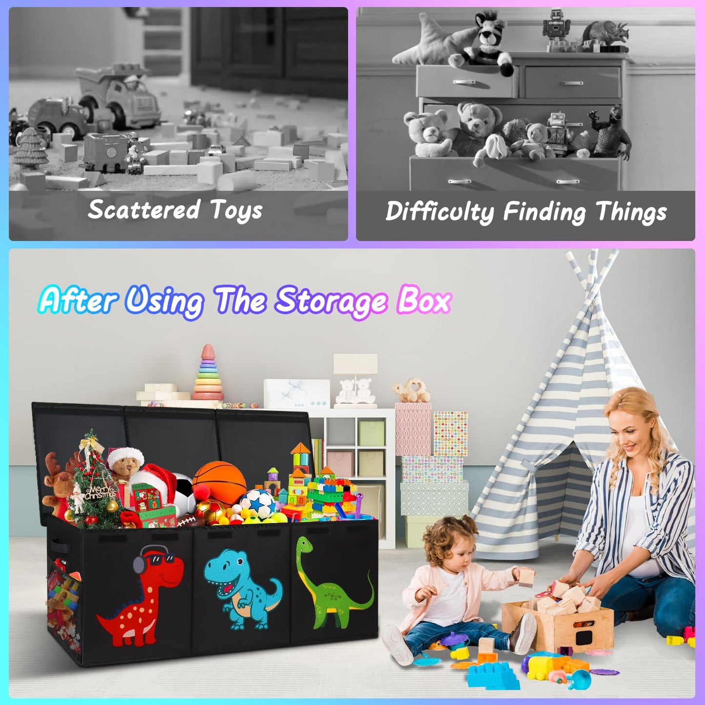 Mabahoo Extra Large Toy Box, Collapsible Toy Storage Organizer with Lids, Cute Toy Storage Chest for Kids Boys Girls, 40" x 16" x 16" Bin Box for Living Room, Playroom, Bedroom, Nursery