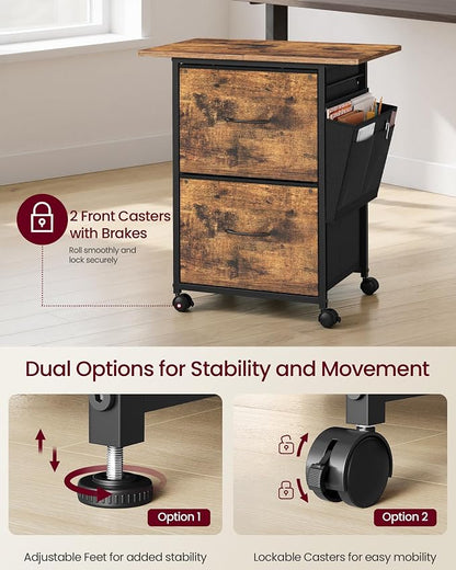 VASAGLE 2-Drawer File Cabinet, Mobile Printer Stand with Storage, Filing Cabinet for A4 Letter Size, Side Pockets, 23.6 x 15.7 x 26.8 Inch, Rustic Brown, Bellah Collection UOFC202KD01