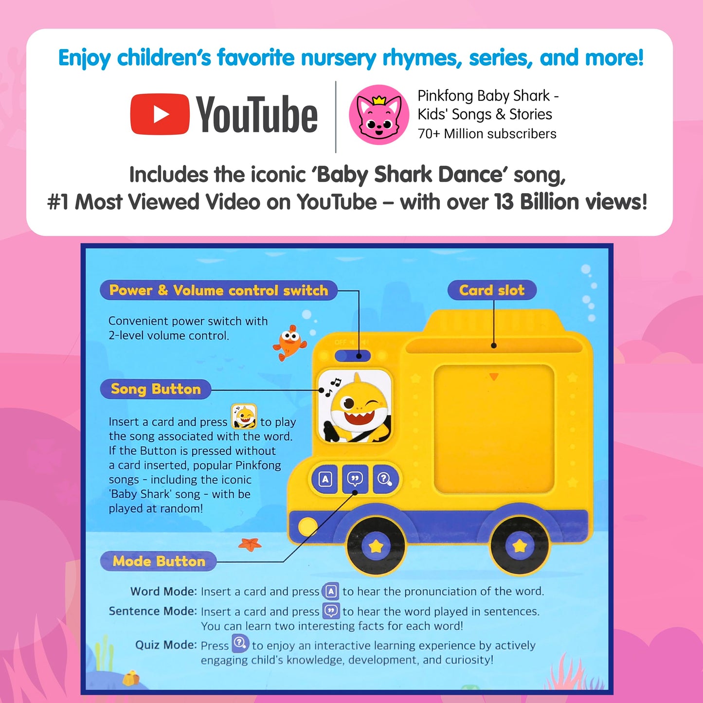 Pinkfong Baby Shark Flash Card Learning Bus – 545 Learning Contents (Words, Sounds, Sentences, Quizzes & Songs), 50 Double-Sided Cards, Interactive Educational Toy for Toddlers 1–3