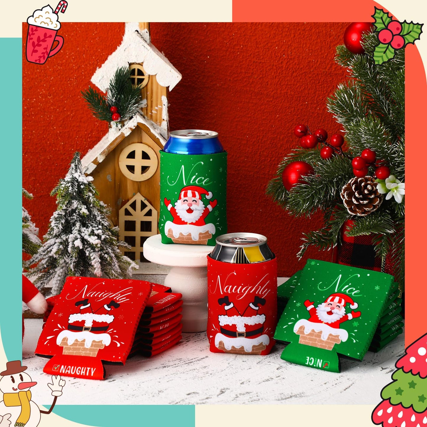 Remerry 24 Pcs Christmas Naughty or Nice Can Cooler Sleeves 12 oz Xmas Neoprene Can Sleeves Santa Pattern Cooler for Beverages Drinking Bottle Christmas Party Favor Decorations