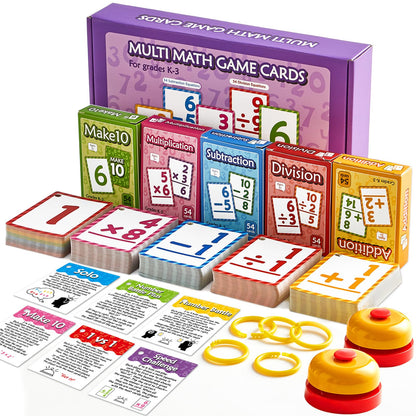 Math Flash Cards Set of 5 Addition Subtraction Division Multiplication Make 10 Games 276 Math Learning Double-Sided Flashcards with 5 Rings 2 Quick Answer Bells for Kids Kindergarten 1st 2nd 3rd Grade