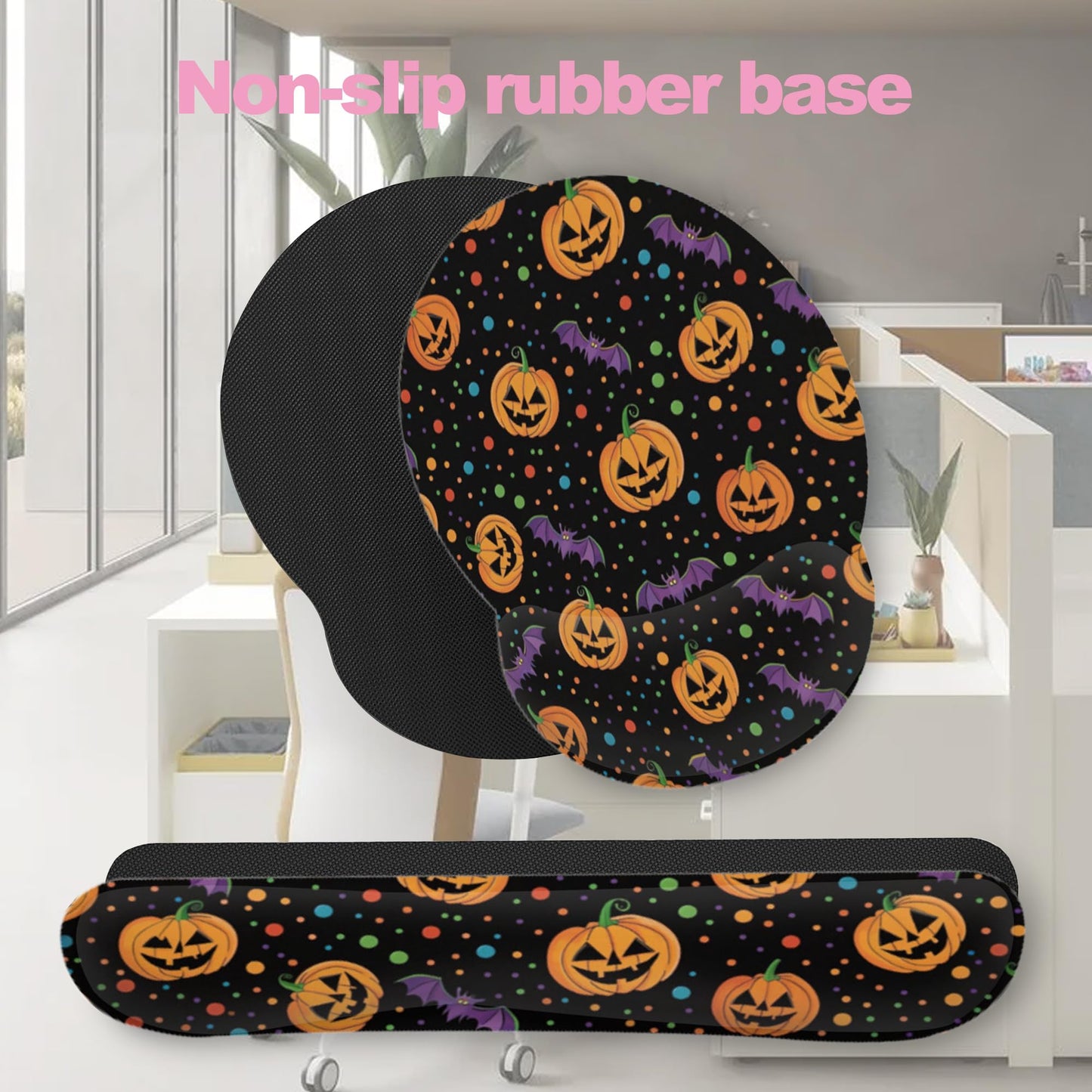 Halloween Pumpkin Bat Keyboard Wrist Rest Pad Mouse Pad Set,Ergonomic Mousepad Wrist Support Memory Foam Desk Pad for Gaming Office,Non-Slip Rubber Base Easy Typing for Home Office Computers