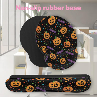 Halloween Pumpkin Bat Keyboard Wrist Rest Pad Mouse Pad Set,Ergonomic Mousepad Wrist Support Memory Foam Desk Pad for Gaming Office,Non-Slip Rubber Base Easy Typing for Home Office Computers