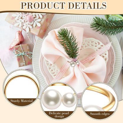 Sliner 50 Pcs Gold Pearl Napkin Rings Set, Faux Pearl Napkin Ring Holders, Delicate Metal Serviette Buckle Bulk for Wedding, Dinner Banquet, Holiday Gather Part, Party Table Decor(Simple Style)