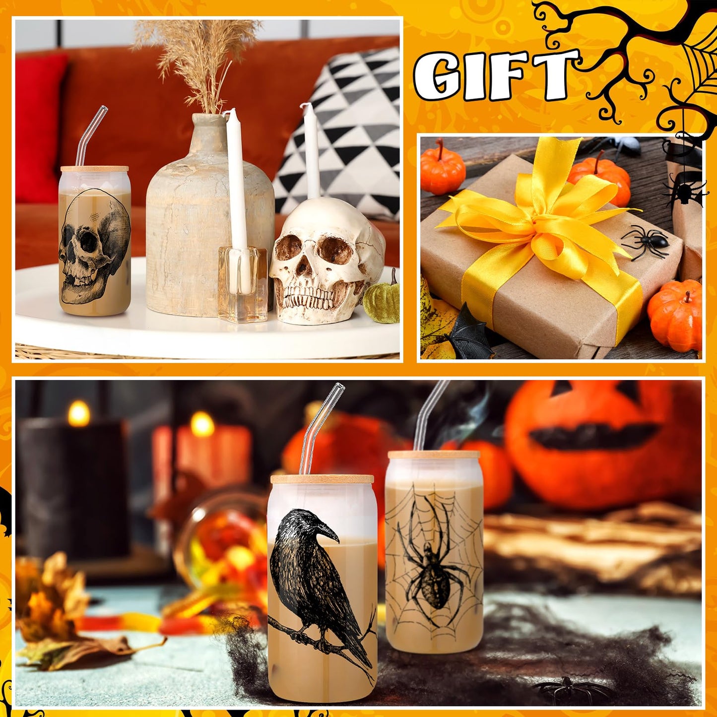 SiliFine 3 Pcs Gothic Christmas Spooky Drinking Party Glasses 16 Oz Goth Spider Web Skull Crow Iced Coffee Cups With Lid Straws Christmas Birthday White Elephant Gifts For Girls Friends