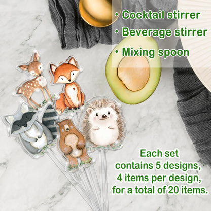 20 Pcs Woodland Animal Stir Sticks - 5 Cute Animals, Coffee Drink Stir Sticks Reusable for Animal Party/Woodland Baby Shower/Birthday Tea Coffee Bar Decorations, Party Supplies