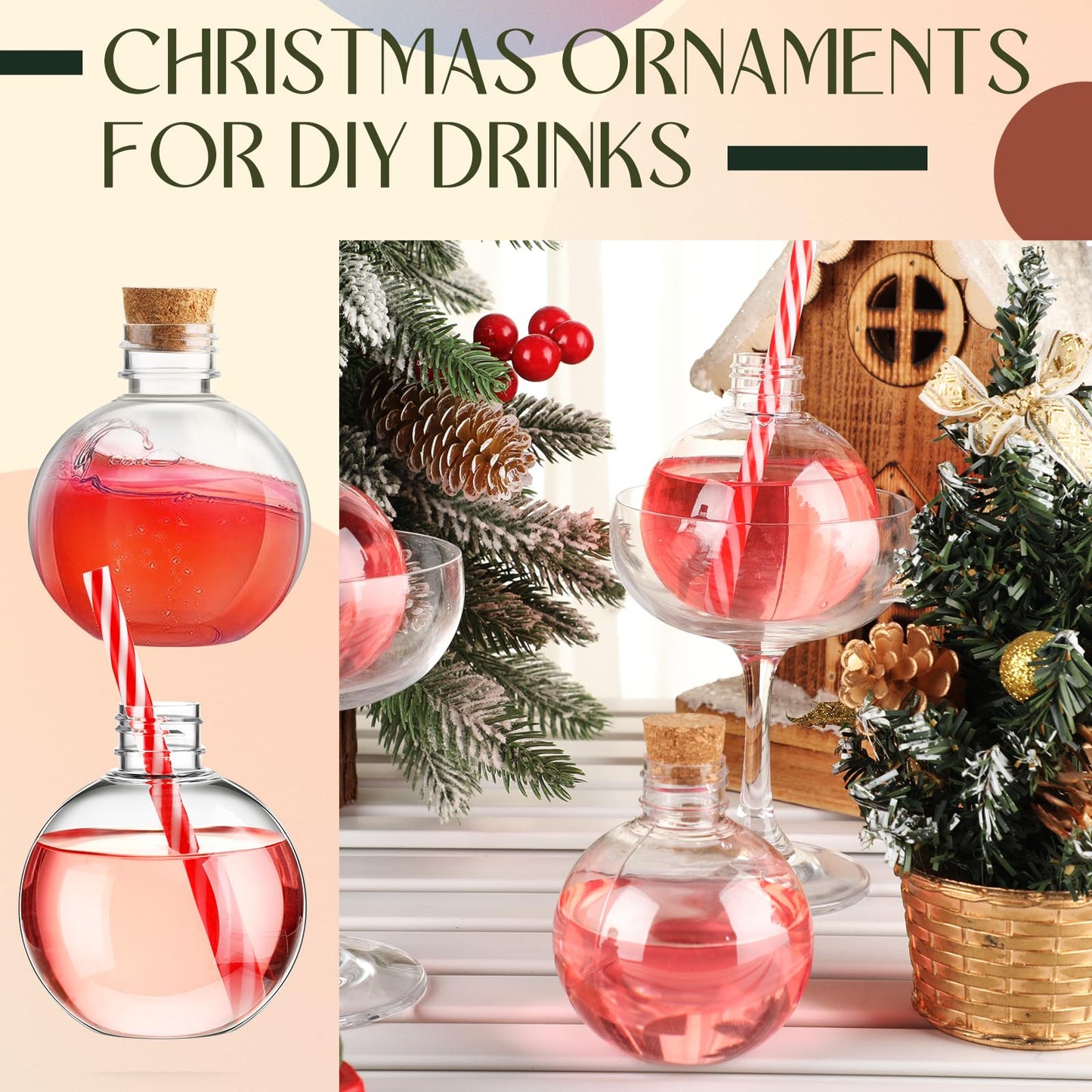Jinei 30 Packs 8 oz Spherical Plastic Potion Bottles Ball Shape Sand Bottles Clear Plastic Cocktail Ornament Balls with Funnels for DIY Wedding Party Gift Crafts Decoration(Cork,Wooden)