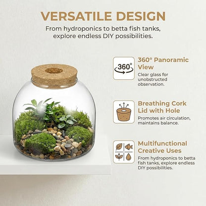 NUOBESTY Glass Terrarium Jar with Cork Lid, Hydroponic Plant Propagation Vase, Clear Round Betta Fish Bowl Tank for Moss Succulent Indoor Desktop Home Decor