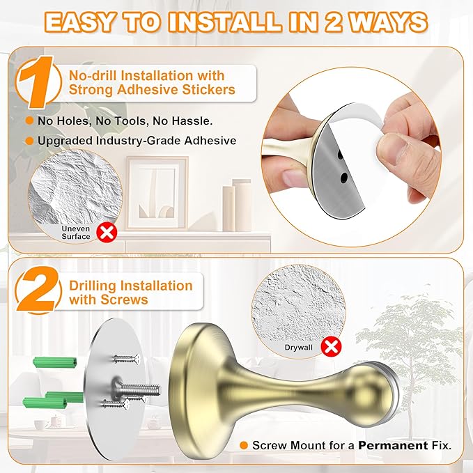 Crosize Magnetic Door Stoppers 2 Pack, Stainless Steel Door Stops for Wall and Floor Mounting, Gate Stops, No Drilling Metal Doorstops with Adhesive Tapes, Gold