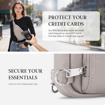 befen Genuine Leather Small Crossbody Sling Bag for Women Anti-Theft Crossbody Chest Bags Purse with Built in RFID Wallet for Travel Beige Grey