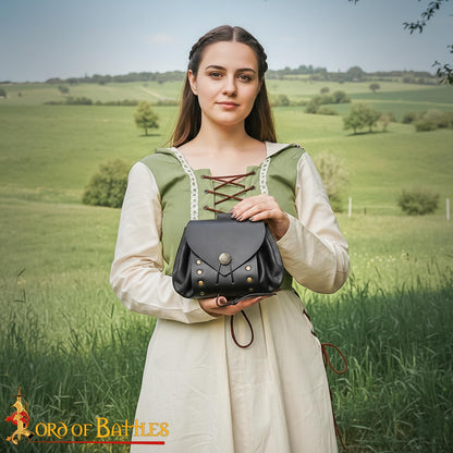 Medieval Drawstring Pouch with Brass Button, Belt Pouch with Loop, Genuine Leather Coin Purse for LARP, Reenactment and Costume (Drawstring Bag, Black)