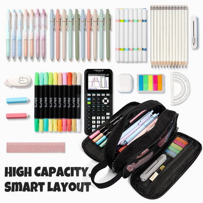 SUNEE Large Capacity Pencil Case with 3 Compartment, Extra Big Pencil Pouch, Pencil Bag with Zipper, Cute Stationery Organizer, Soft Corduroy Pen Box School Supplies for Student Girls Boys, Jet Black