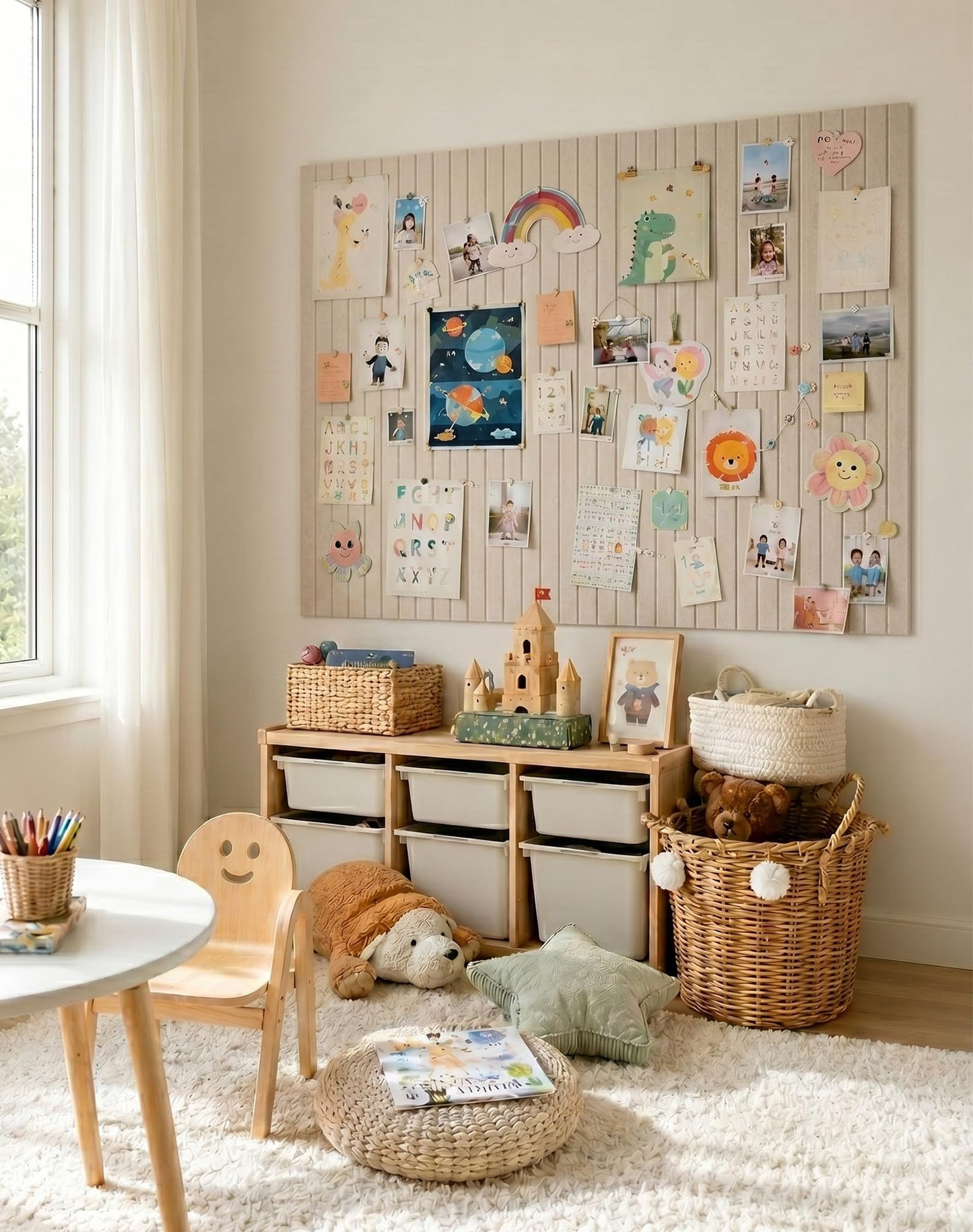 Aothia 12-Pack Felt Bulletin Board Tiles 48"x36", Modular Pin Board for Smooth Walls, Cork Board Alternative for Notes & Photos, 0.35" Thick, 70 Adhesive Tabs & 40 Pins, Oatmeal