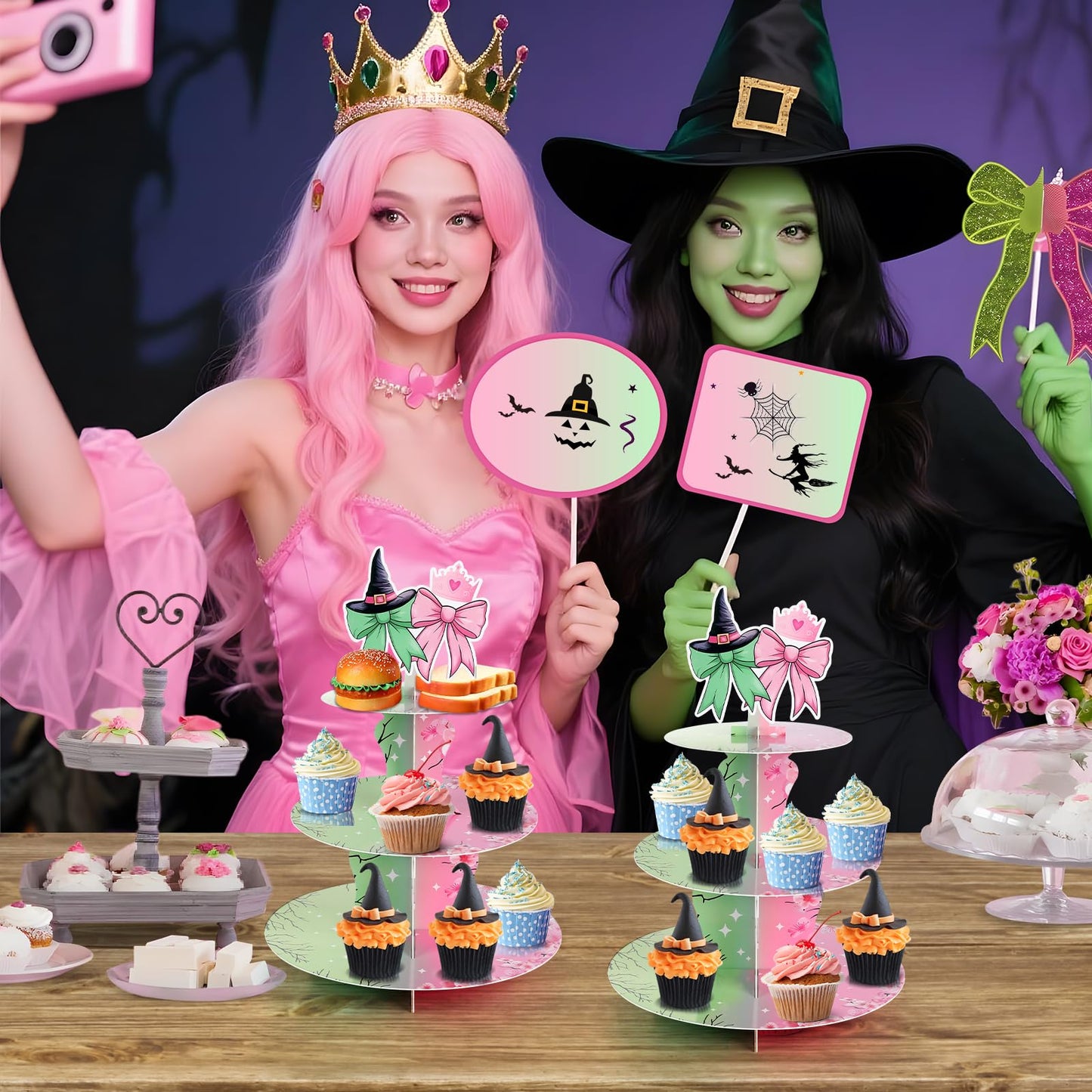 2 Pack Pink and Green Cupcake Stands Witch Themed Birthday Party Supplies,3 Tier Halloween Cardboard Cupcake Holder Tower for Wicked Party,Birthday, Baby Shower