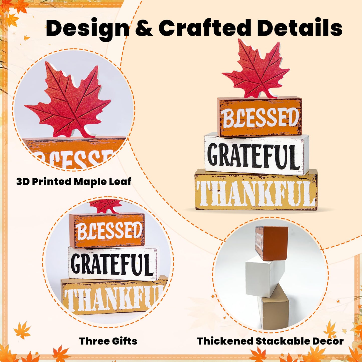 OLANRUN Thanksgiving Fall Decorations for Home, 4 PCS Wooden Fall Table Decor with Letter, Handmade Crafts Autumn Thanksgiving Decor Indoor for Office Farmhouse Home Bedroom Kitchen Mantel Tiered Tray