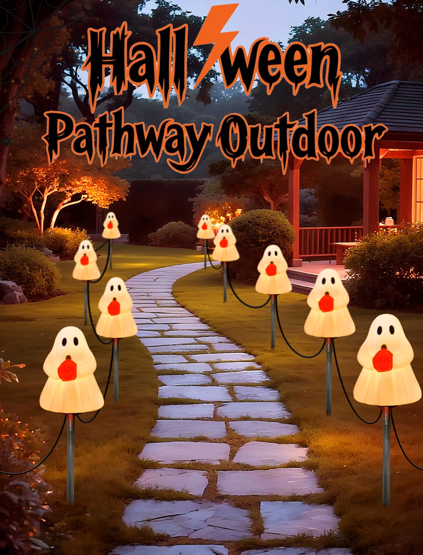 Halloween Ghost Pathway Lights Outdoor, 7Ft C7 Halloween Decorations Pathway String Lights with 4 Elves Holding Pumpkin Walkway Lights Waterproof, Plug-in Night Lights for Porch Yard Patio Garden