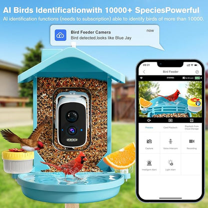 Smart Bird Feeder with Camera Solar Powered, AI Birds Species Identification, 2.5K HD Video Bird House with Camera for Outside, Weatherproof Design Ideal Gifts for Christmas, Bird Lovers, Blue