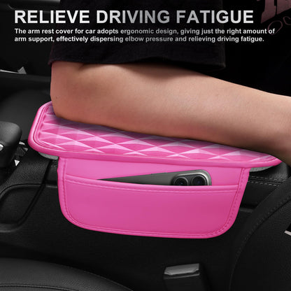 CAR PASS 3D Rhombus Pink Leather Steering Wheel Cover Car Accessories Set, Center Console Armrest Cushion with Storage Bags 2 Non-Slip Cup Coasters, 14.5-15in Cute Car Interior Sets, 4 PCS Hot Pink