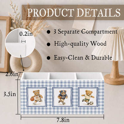 WUHSDIBC Bear Nursery Kids Pen Pencil Holder for Desk, Sports Player Bear Retro Blue Gingham Wooden Pencil Holder Organizer Desk Accessories Decor for Kids Boys Room Bedroom Playroom Desk Tabletop